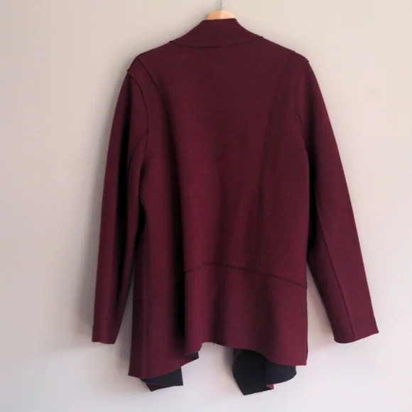Eileen Fisher Burgundy/Gray Long Wool Moto Sweater Cardigan Jacket - Picture 6 of 7